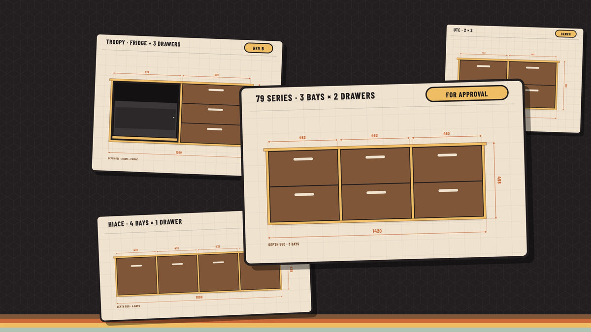 Dimensioned CAD drawings of custom drawer system configurations
